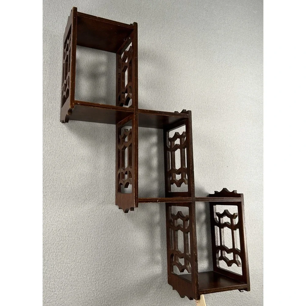 VTG Mahogany? Wood 3 Tier Wall Shelf Carved Fretwork 24